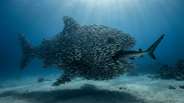 An image of a school of tiny fish overtaking a shark